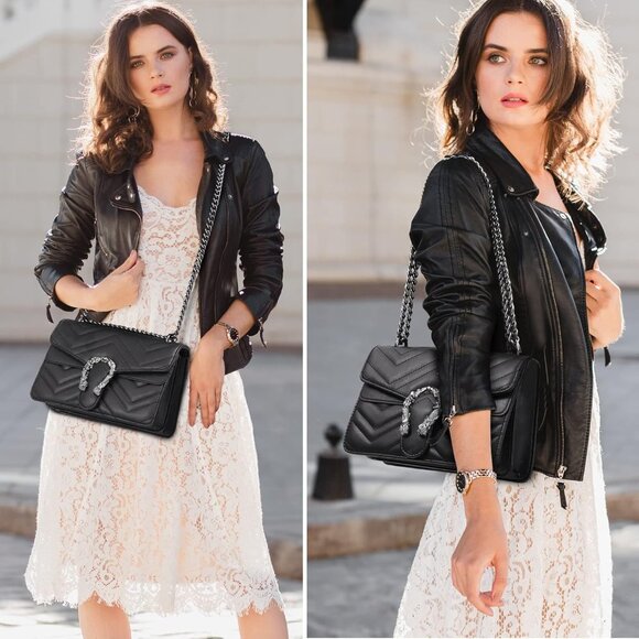 Snake Print Leather Black Crossbody Bag for Women Chain Strap and Clutch Style - Picture 2 of 8